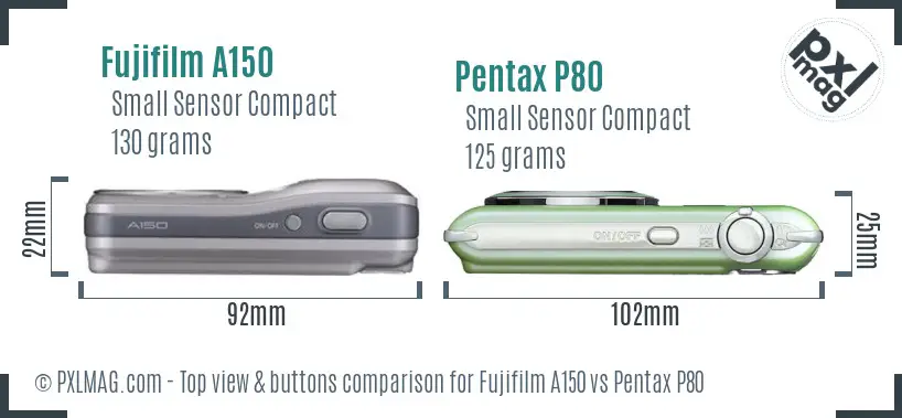 Fujifilm A150 vs Pentax P80 top view buttons comparison