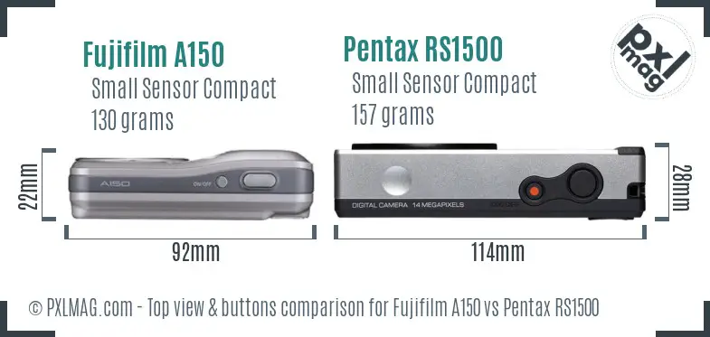 Fujifilm A150 vs Pentax RS1500 top view buttons comparison