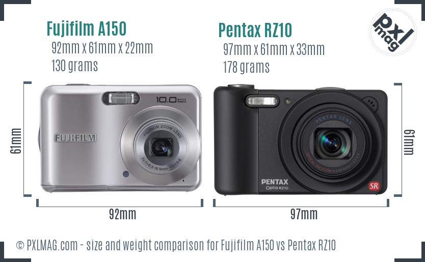 Fujifilm A150 vs Pentax RZ10 size comparison