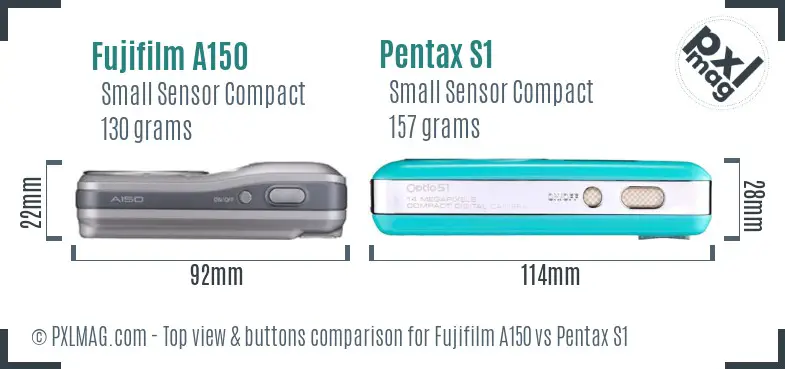 Fujifilm A150 vs Pentax S1 top view buttons comparison