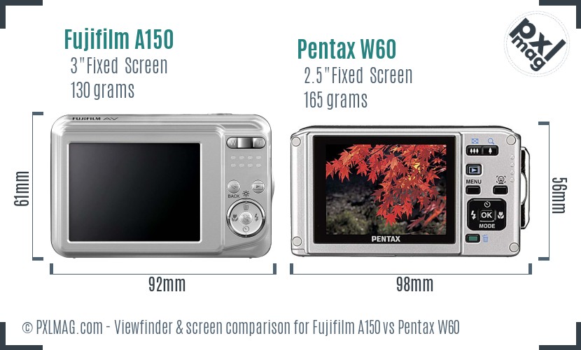 Fujifilm A150 vs Pentax W60 Screen and Viewfinder comparison