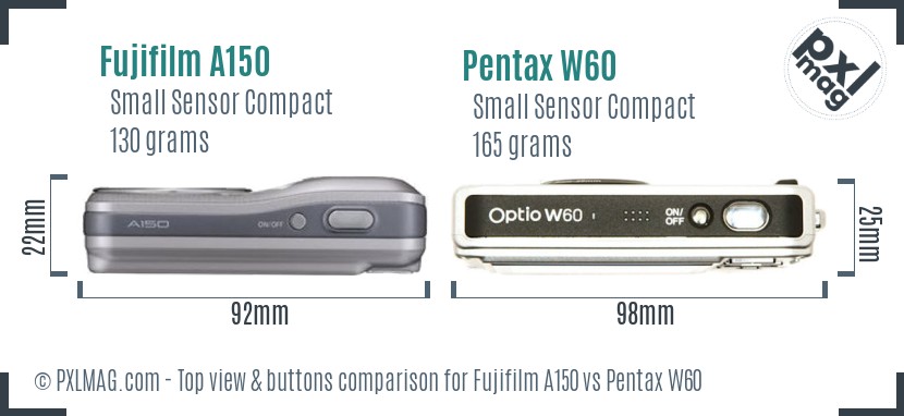 Fujifilm A150 vs Pentax W60 top view buttons comparison