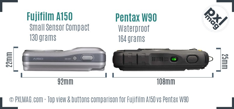 Fujifilm A150 vs Pentax W90 top view buttons comparison
