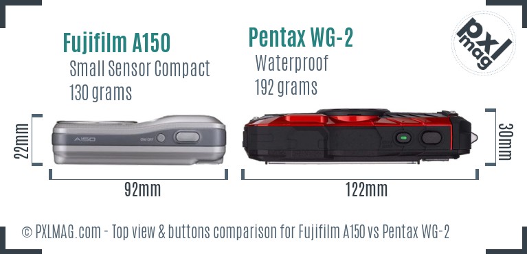 Fujifilm A150 vs Pentax WG-2 top view buttons comparison