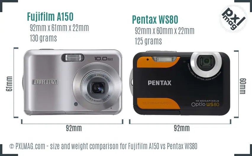 Fujifilm A150 vs Pentax WS80 size comparison
