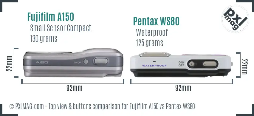 Fujifilm A150 vs Pentax WS80 top view buttons comparison