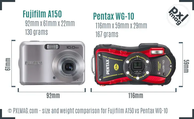 Fujifilm A150 vs Pentax WG-10 size comparison