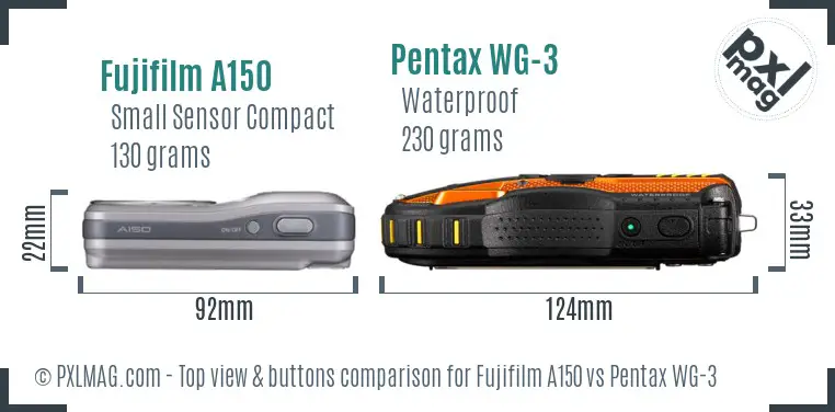 Fujifilm A150 vs Pentax WG-3 top view buttons comparison