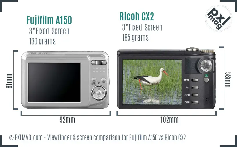 Fujifilm A150 vs Ricoh CX2 Screen and Viewfinder comparison