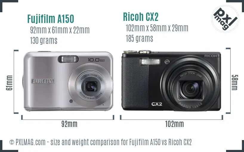 Fujifilm A150 vs Ricoh CX2 size comparison