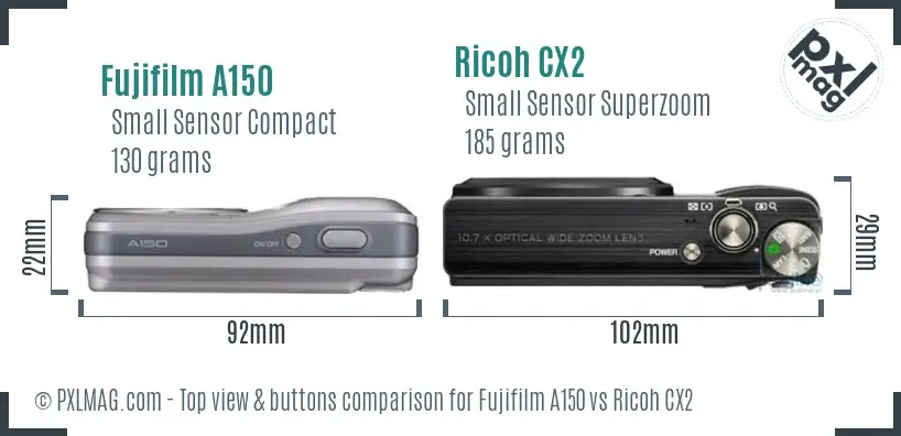 Fujifilm A150 vs Ricoh CX2 top view buttons comparison