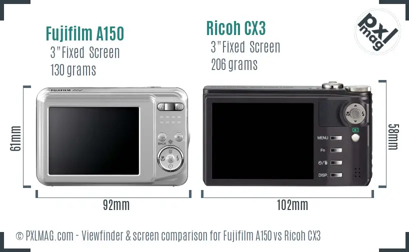 Fujifilm A150 vs Ricoh CX3 Screen and Viewfinder comparison