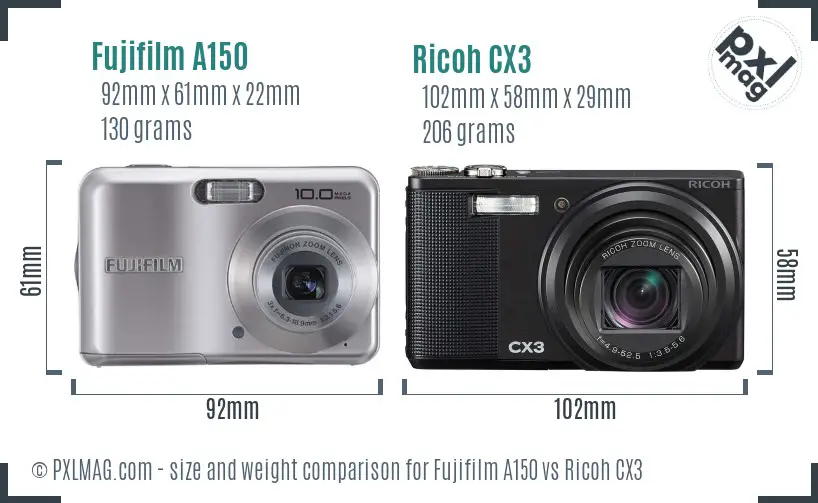 Fujifilm A150 vs Ricoh CX3 size comparison