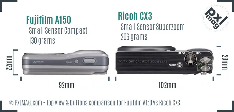 Fujifilm A150 vs Ricoh CX3 top view buttons comparison