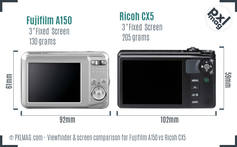 Fujifilm A150 vs Ricoh CX5 Screen and Viewfinder comparison