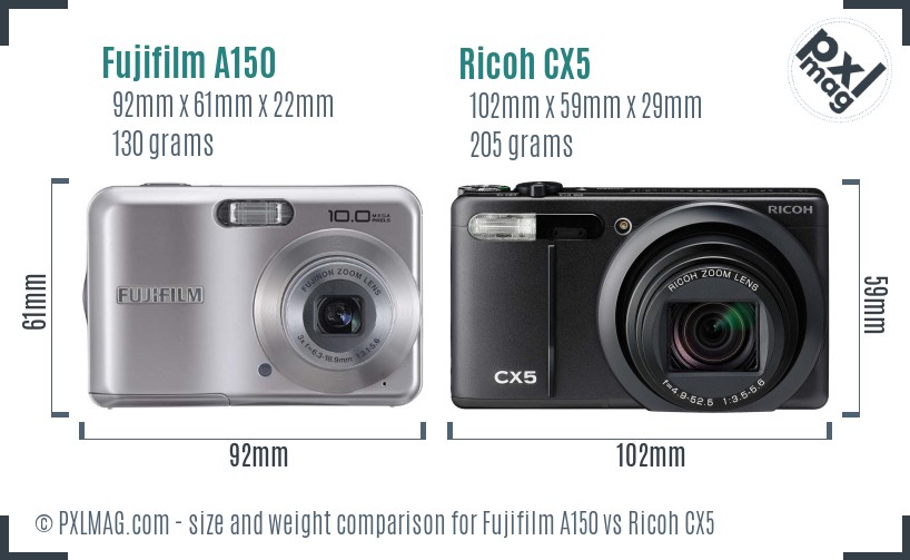 Fujifilm A150 vs Ricoh CX5 size comparison Fujifilm A150 vs Ricoh CX5 size comparison
