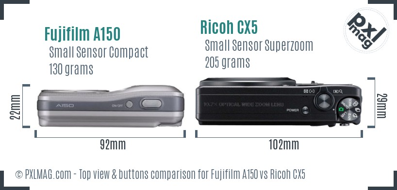 Fujifilm A150 vs Ricoh CX5 top view buttons comparison