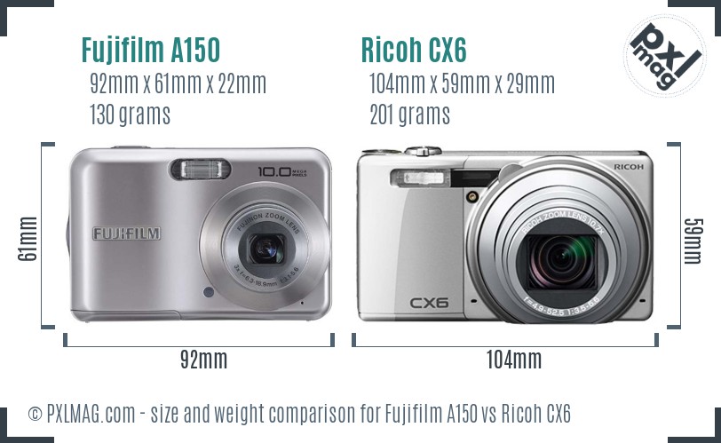 Fujifilm A150 vs Ricoh CX6 size comparison Fujifilm A150 vs Ricoh CX6 size comparison