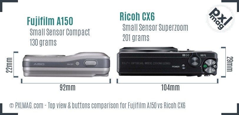 Fujifilm A150 vs Ricoh CX6 top view buttons comparison