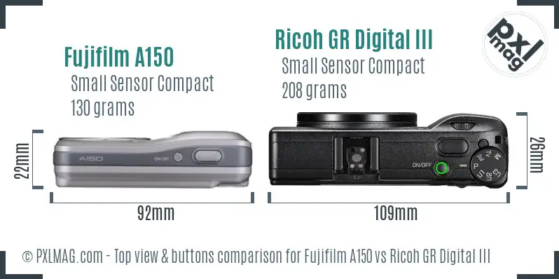 Fujifilm A150 vs Ricoh GR Digital III top view buttons comparison Fujifilm A150 vs Ricoh GR Digital III top view buttons comparison