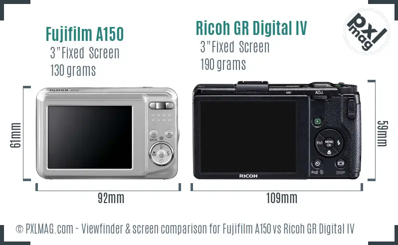 Fujifilm A150 vs Ricoh GR Digital IV Screen and Viewfinder comparison