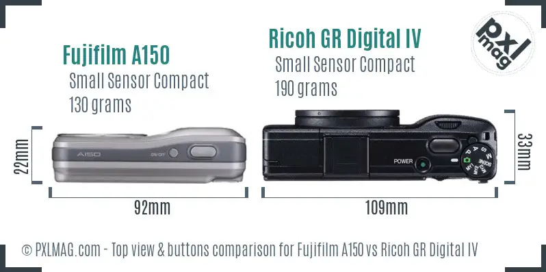 Fujifilm A150 vs Ricoh GR Digital IV top view buttons comparison