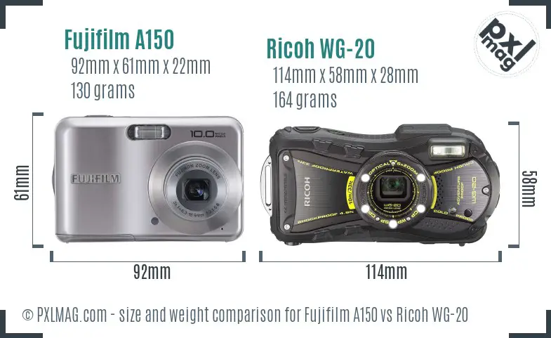 Fujifilm A150 vs Ricoh WG-20 size comparison