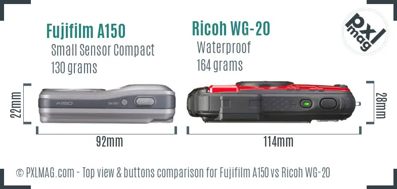 Fujifilm A150 vs Ricoh WG-20 top view buttons comparison