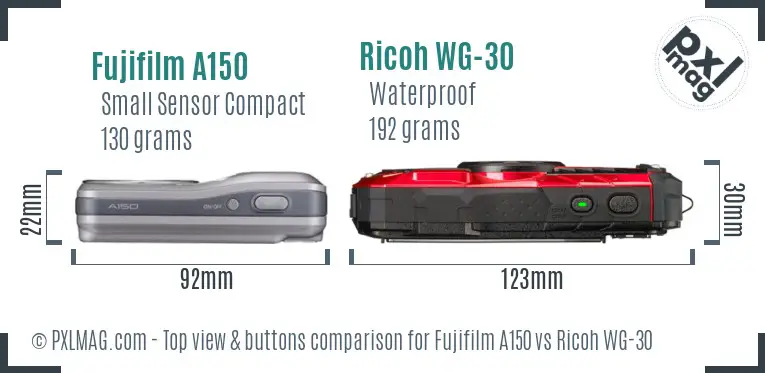 Fujifilm A150 vs Ricoh WG-30 top view buttons comparison Fujifilm A150 vs Ricoh WG-30 top view buttons comparison