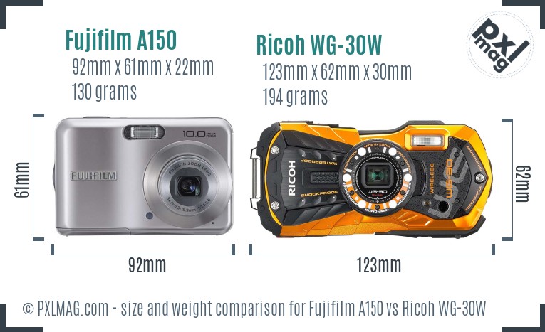 Fujifilm A150 vs Ricoh WG-30W size comparison