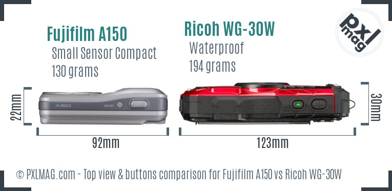 Fujifilm A150 vs Ricoh WG-30W top view buttons comparison