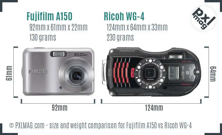 Fujifilm A150 vs Ricoh WG-4 size comparison