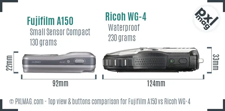 Fujifilm A150 vs Ricoh WG-4 top view buttons comparison