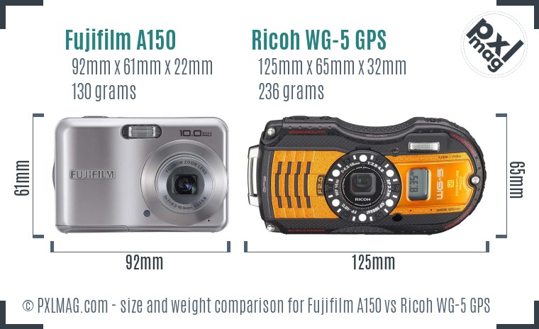 Fujifilm A150 vs Ricoh WG-5 GPS size comparison