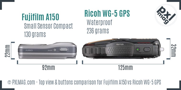 Fujifilm A150 vs Ricoh WG-5 GPS top view buttons comparison