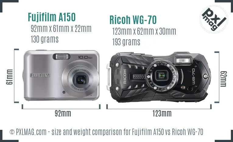 Fujifilm A150 vs Ricoh WG-70 size comparison