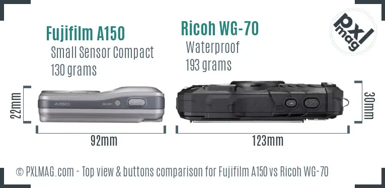 Fujifilm A150 vs Ricoh WG-70 top view buttons comparison