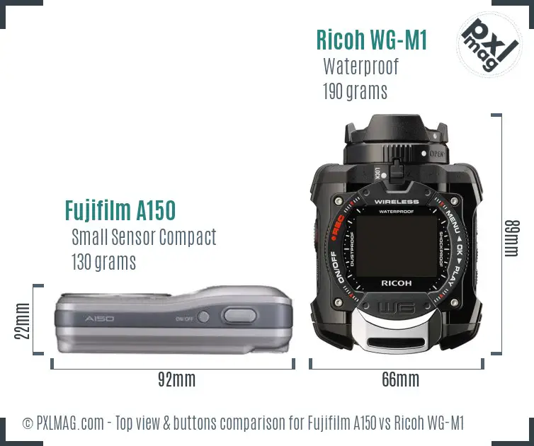 Fujifilm A150 vs Ricoh WG-M1 top view buttons comparison
