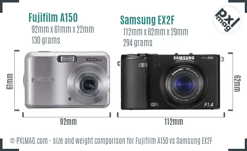 Fujifilm A150 vs Samsung EX2F size comparison