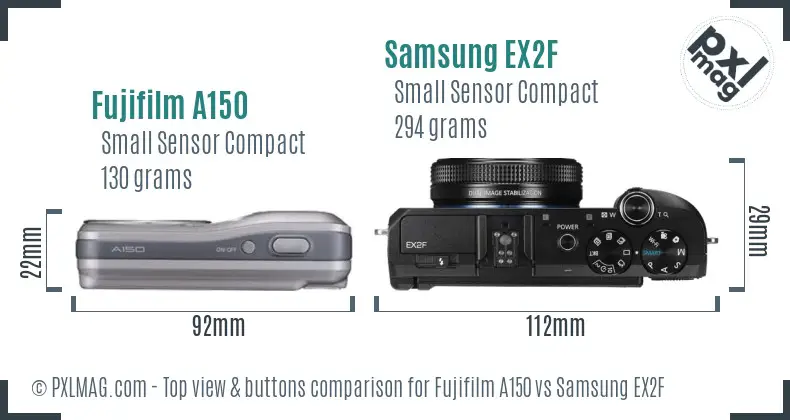 Fujifilm A150 vs Samsung EX2F top view buttons comparison