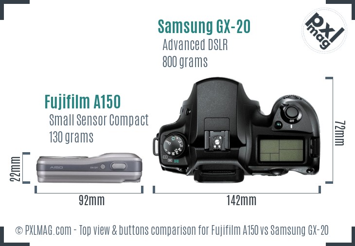 Fujifilm A150 vs Samsung GX-20 top view buttons comparison