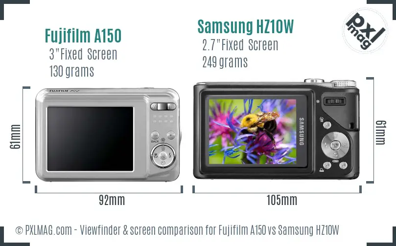 Fujifilm A150 vs Samsung HZ10W Screen and Viewfinder comparison