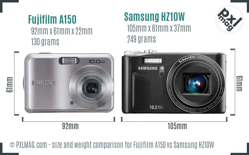 Fujifilm A150 vs Samsung HZ10W size comparison