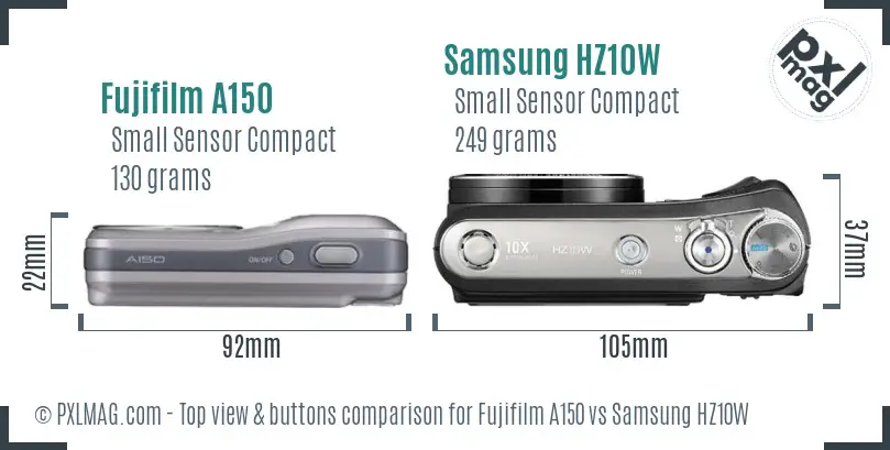 Fujifilm A150 vs Samsung HZ10W top view buttons comparison