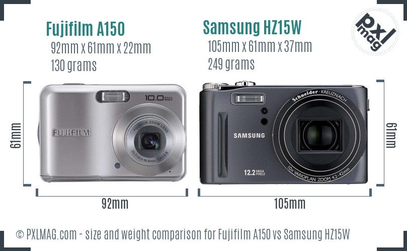Fujifilm A150 vs Samsung HZ15W size comparison