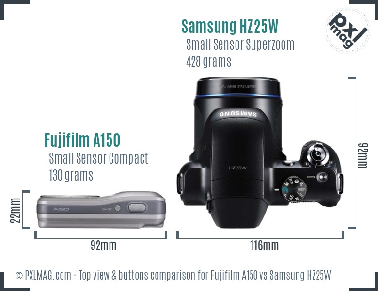 Fujifilm A150 vs Samsung HZ25W top view buttons comparison