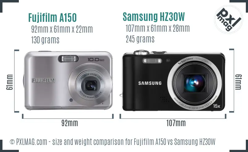 Fujifilm A150 vs Samsung HZ30W size comparison