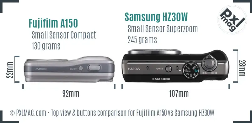 Fujifilm A150 vs Samsung HZ30W top view buttons comparison