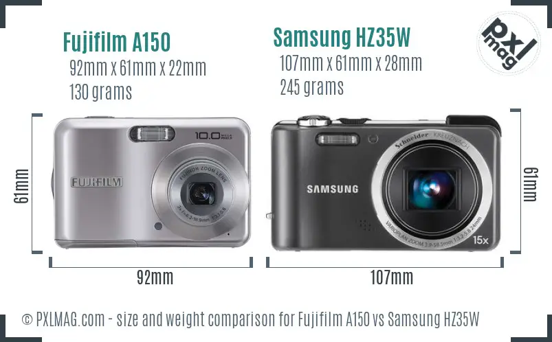 Fujifilm A150 vs Samsung HZ35W size comparison