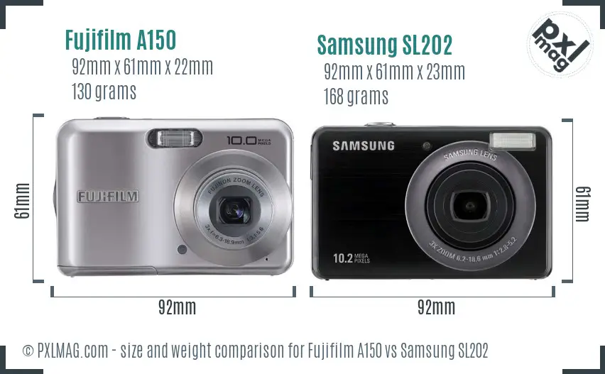 Fujifilm A150 vs Samsung SL202 size comparison